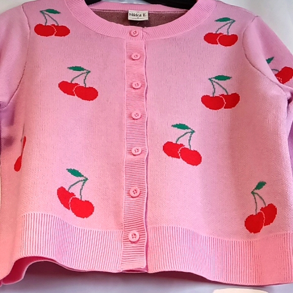 PINK Button Down Cardigan w/🍒🍒🍒 - Picture 8 of 14